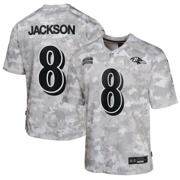 Lamar Jackson Baltimore Ravens Youth 2024 Salute To Service Game Jersey Arctic Camo