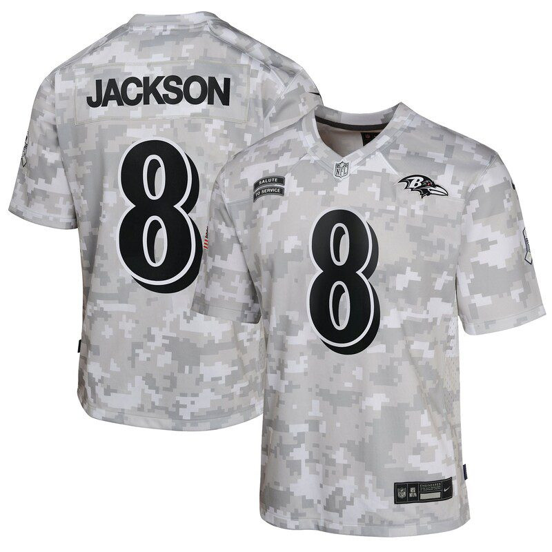 Lamar Jackson Baltimore Ravens Youth 2024 Salute To Service Game Jersey Arctic Camo