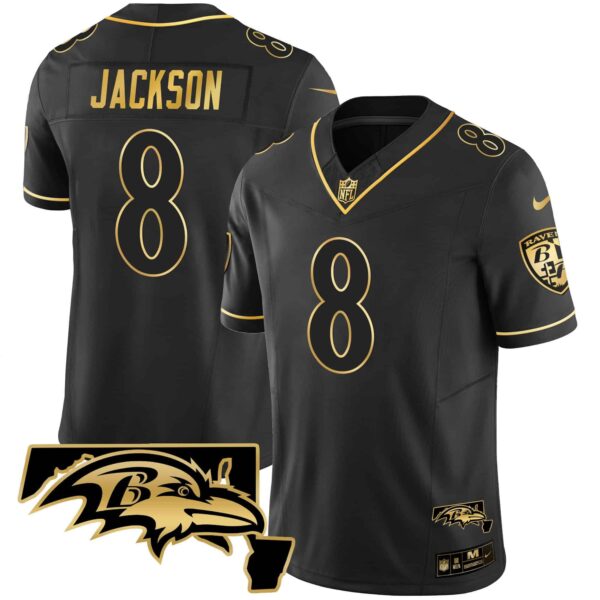 Men’s Ravens Maryland Patch Vapor Gold Jersey – All Stitched – Black Gold – Lamar Jackson