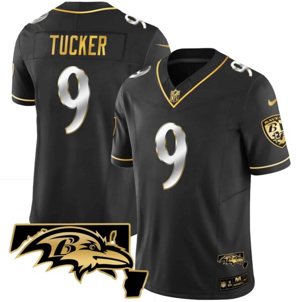 Men’s Ravens Maryland Patch Vapor Gold Jersey – All Stitched – Black Limited – Justin Tucker