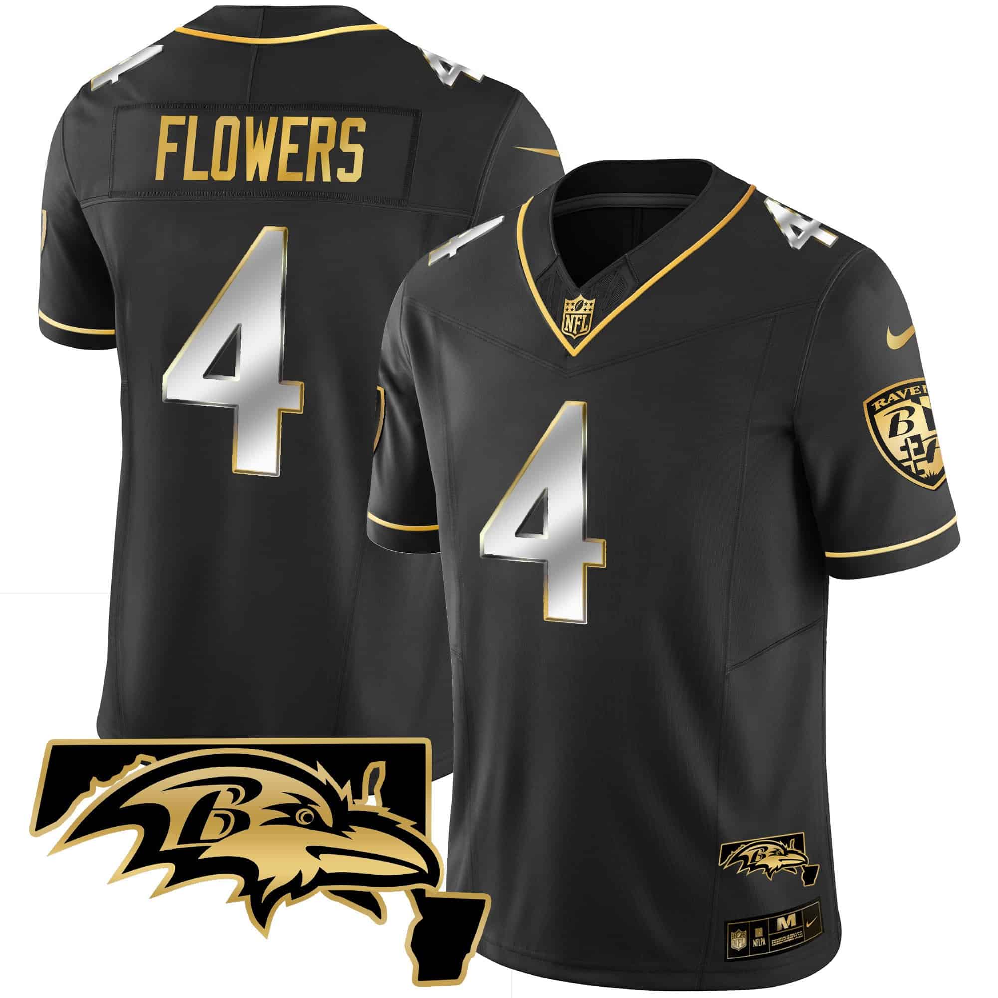 Men’s Ravens Maryland Patch Vapor Gold Jersey – All Stitched – Black Limited – Zay Flowers