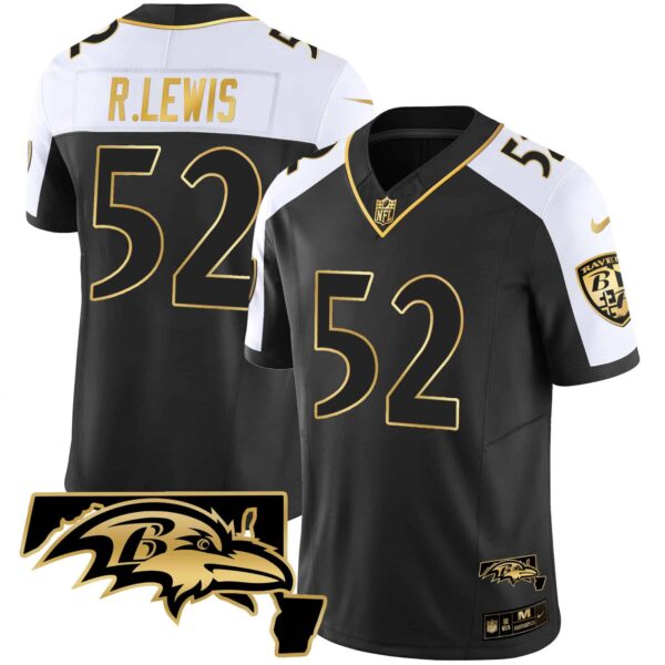 Men’s Ravens Maryland Patch Vapor Gold Jersey – All Stitched – Alternate – Ray Lewis