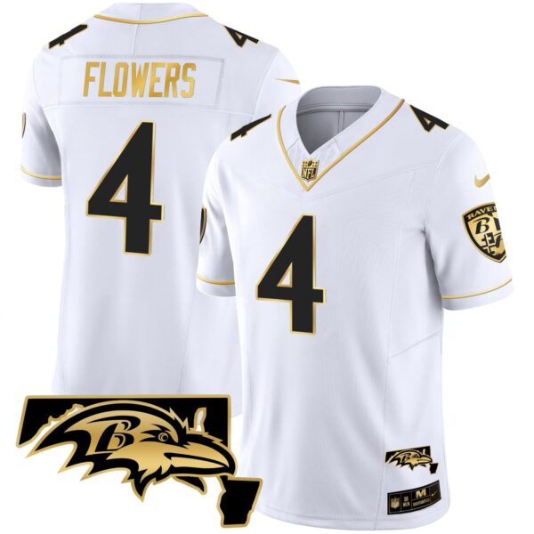 Men’s Ravens Maryland Patch Vapor Gold Jersey – All Stitched – White Gold – Zay Flowers