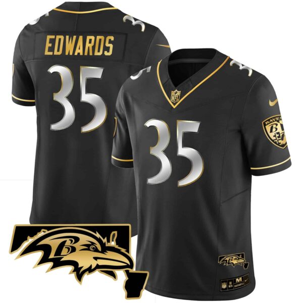 Men’s Ravens Maryland Patch Vapor Gold Jersey – All Stitched – Black Limited – Gus Edwards