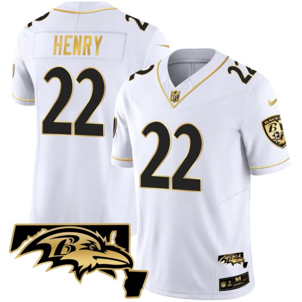 Men’s Ravens Maryland Patch Vapor Gold Jersey – All Stitched – White Gold – Derrick Henry