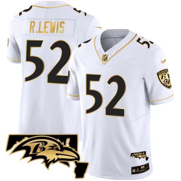 Men’s Ravens Maryland Patch Vapor Gold Jersey – All Stitched – White Gold – Ray Lewis