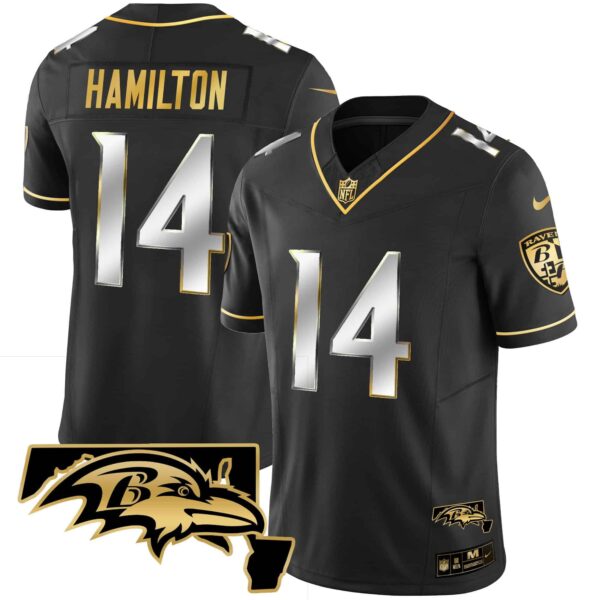 Men’s Ravens Maryland Patch Vapor Gold Jersey – All Stitched – Black Limited – Kyle Hamilton