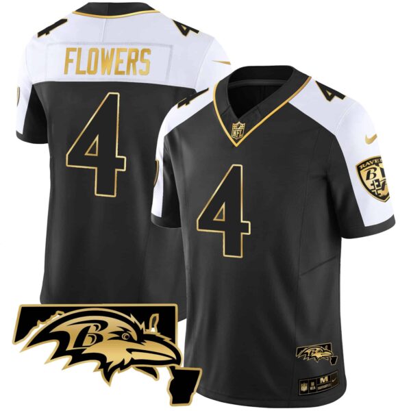 Men’s Ravens Maryland Patch Vapor Gold Jersey – All Stitched – Alternate – Zay Flowers