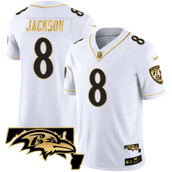 Men’s Ravens Maryland Patch Vapor Gold Jersey – All Stitched – White Gold – Lamar Jackson