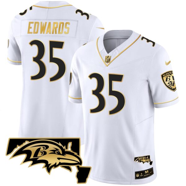 Men’s Ravens Maryland Patch Vapor Gold Jersey – All Stitched – White Gold – Gus Edwards