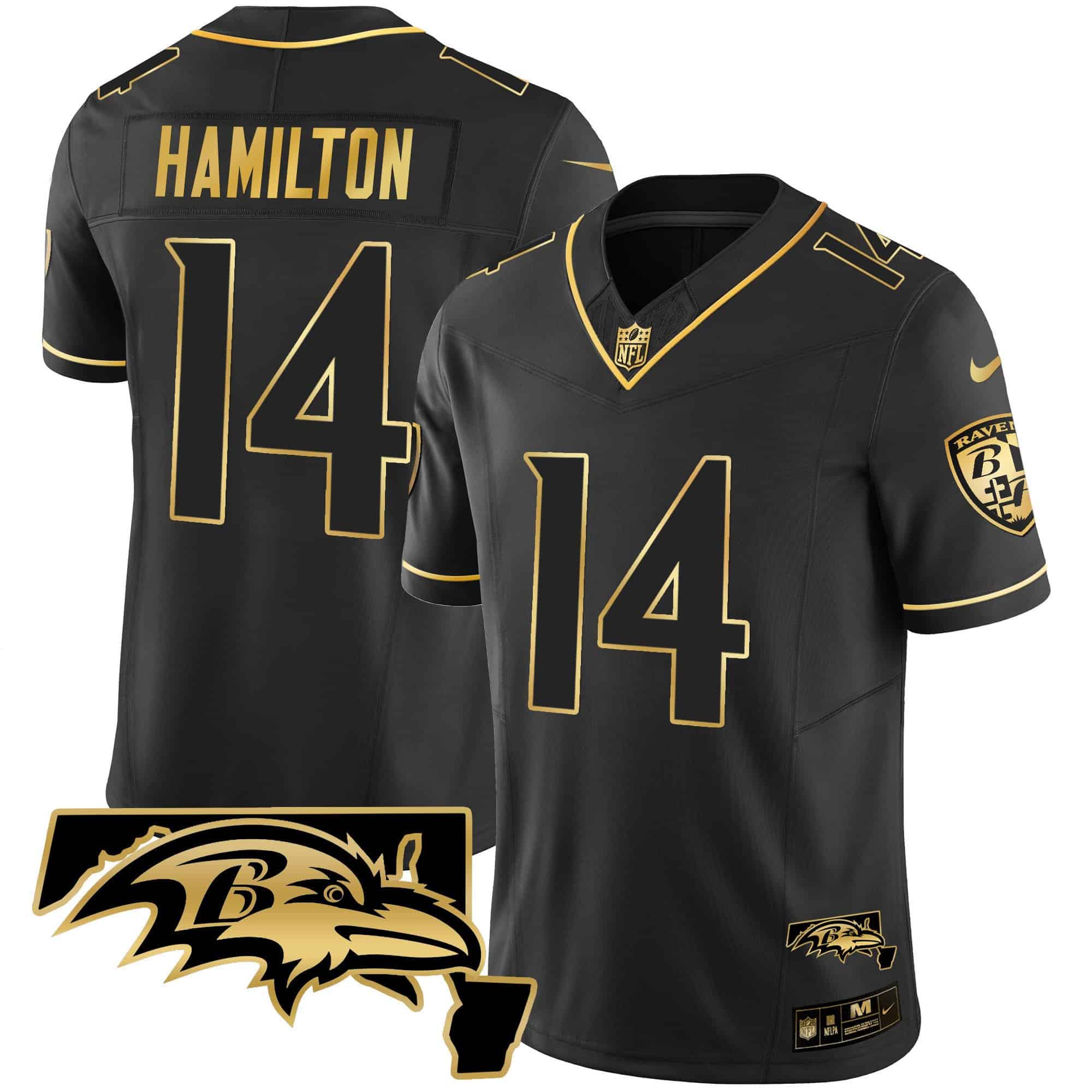 Men’s Ravens Maryland Patch Vapor Gold Jersey – All Stitched – Black Gold – Kyle Hamilton