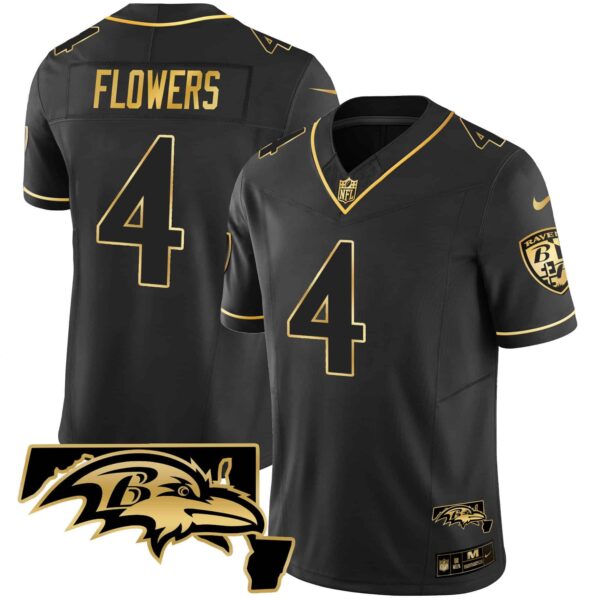 Men’s Ravens Maryland Patch Vapor Gold Jersey – All Stitched – Black Gold – Zay Flowers
