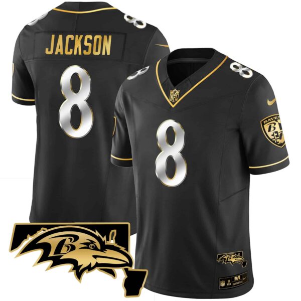 Men’s Ravens Maryland Patch Vapor Gold Jersey – All Stitched – Black Limited – Lamar Jackson