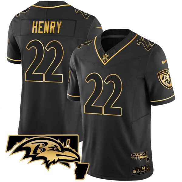 Men’s Ravens Maryland Patch Vapor Gold Jersey – All Stitched – Black Gold – Derrick Henry
