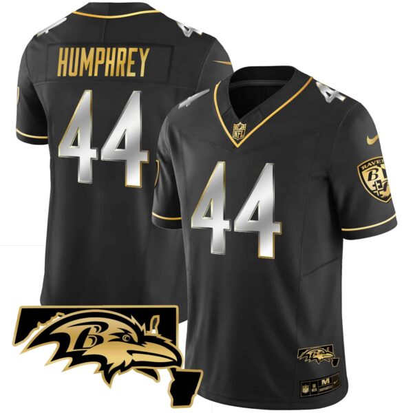 Men’s Ravens Maryland Patch Vapor Gold Jersey – All Stitched – Black Limited – Marlon Humphrey