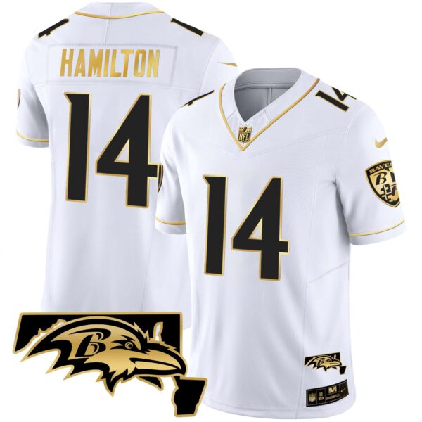 Men’s Ravens Maryland Patch Vapor Gold Jersey – All Stitched – White Gold – Kyle Hamilton