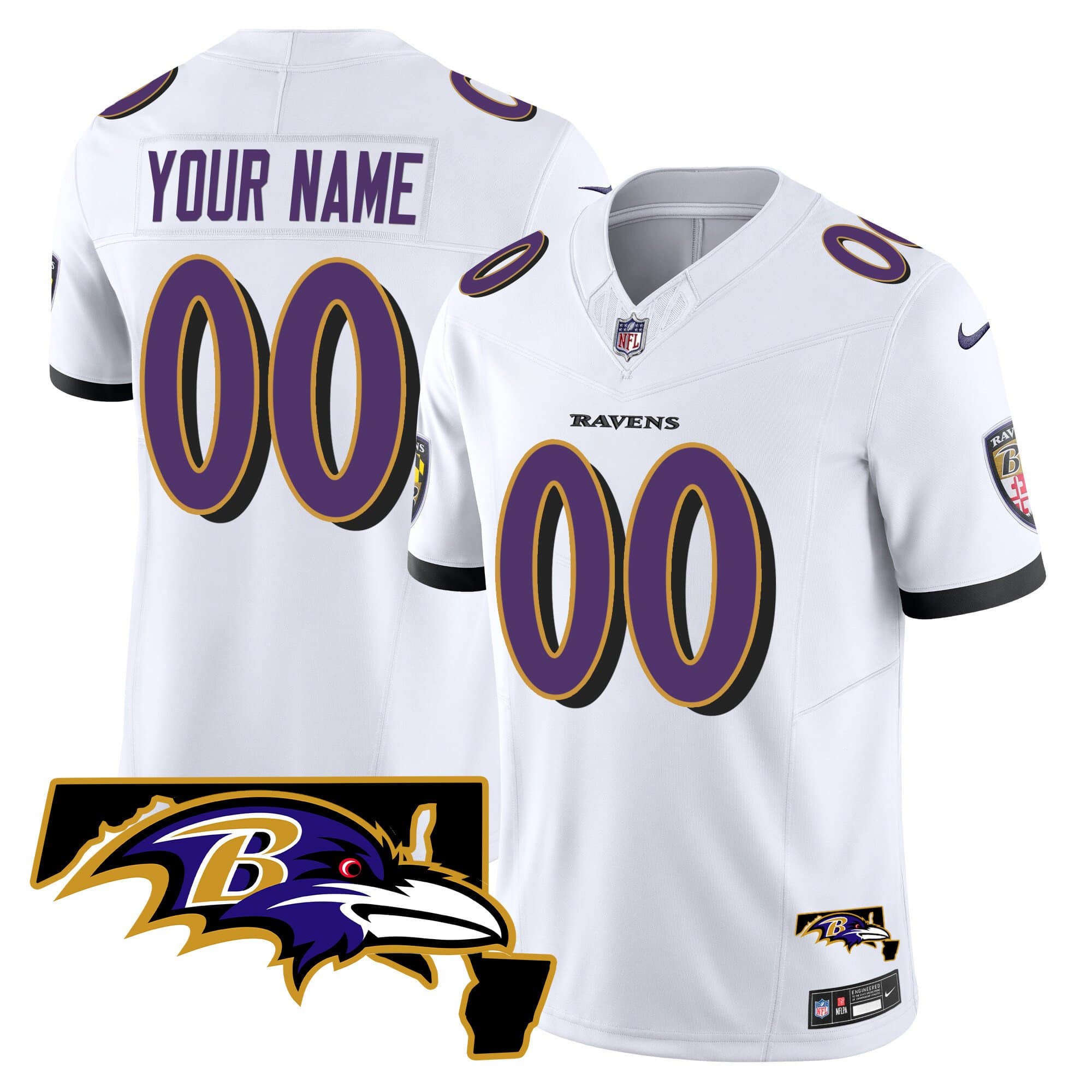 Ravens Maryland Patch Vapor Limited Custom Jersey – All Stitched – Youth – White