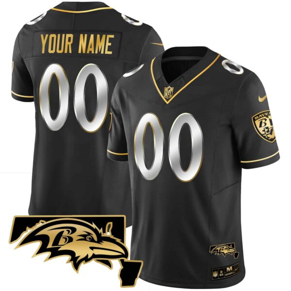 Ravens Maryland Patch Vapor Gold Custom Jersey – All Stitched – Youth – Black Limited