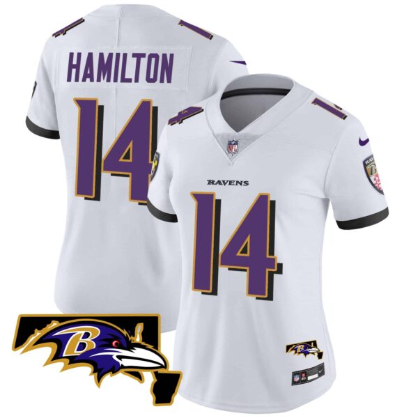 Women’s Ravens Maryland Patch Vapor Limited Jersey – All Stitched – White – Kyle Hamilton