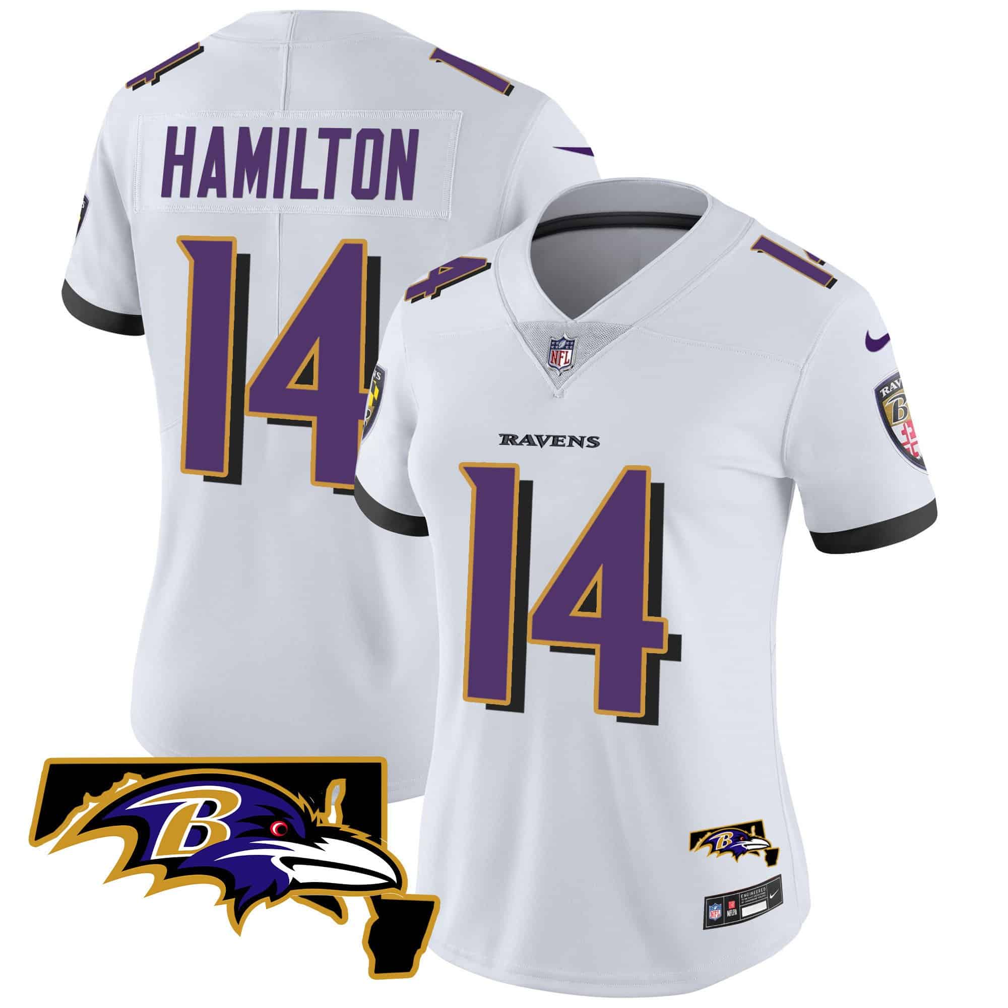 Women’s Ravens Maryland Patch Vapor Limited Jersey – All Stitched – White – Kyle Hamilton