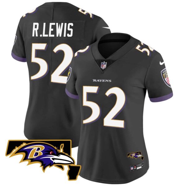 Women’s Ravens Maryland Patch Vapor Limited Jersey – All Stitched – Black – Ray Lewis