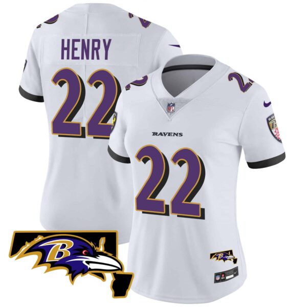 Women’s Ravens Maryland Patch Vapor Limited Jersey – All Stitched – White – Derrick Henry
