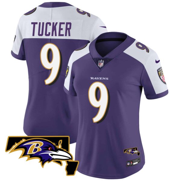Women’s Ravens Maryland Patch Vapor Limited Jersey – All Stitched – Purple Alternate – Justin Tucker