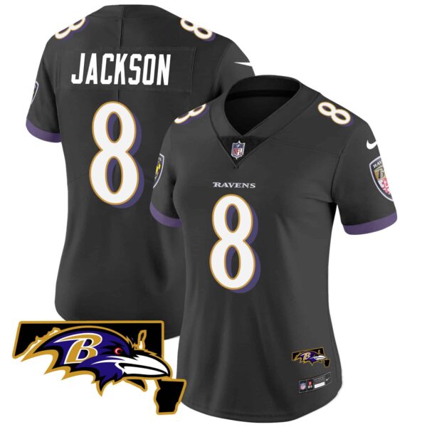 Women’s Ravens Maryland Patch Vapor Limited Jersey – All Stitched – Black – Lamar Jackson