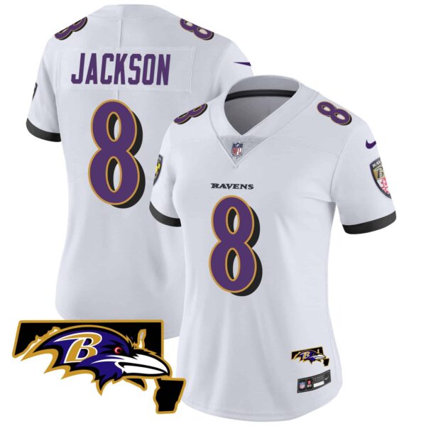 Women’s Ravens Maryland Patch Vapor Limited Jersey – All Stitched – White – Lamar Jackson