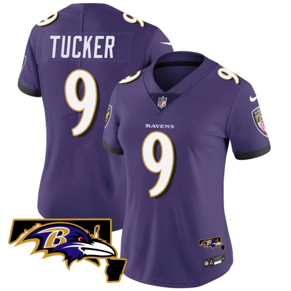 Women’s Ravens Maryland Patch Vapor Limited Jersey – All Stitched – Purple – Justin Tucker