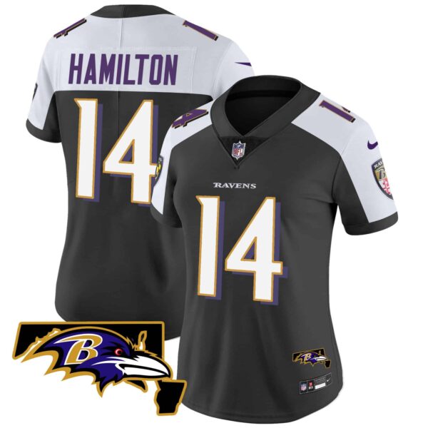 Women’s Ravens Maryland Patch Vapor Limited Jersey – All Stitched – Black Alternate – Kyle Hamilton