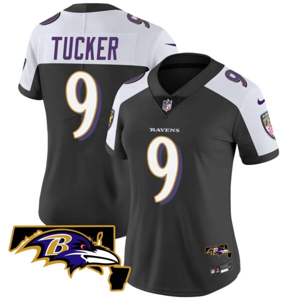 Women’s Ravens Maryland Patch Vapor Limited Jersey – All Stitched – Black Alternate – Justin Tucker