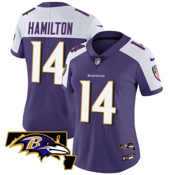 Women’s Ravens Maryland Patch Vapor Limited Jersey – All Stitched – Purple Alternate – Kyle Hamilton