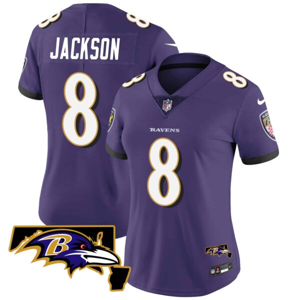Women’s Ravens Maryland Patch Vapor Limited Jersey – All Stitched – Purple – Lamar Jackson