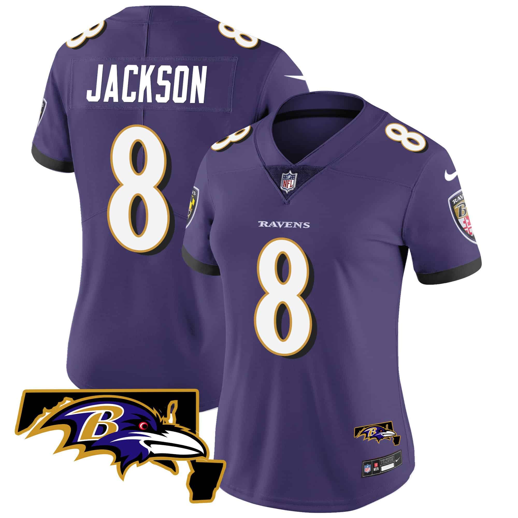 Women’s Ravens Maryland Patch Vapor Limited Jersey – All Stitched – Purple – Lamar Jackson