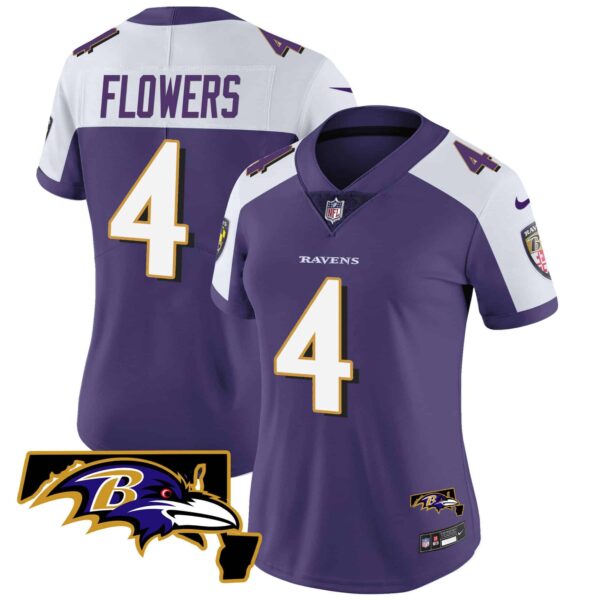 Women’s Ravens Maryland Patch Vapor Limited Jersey – All Stitched – Purple Alternate – Zay Flowers