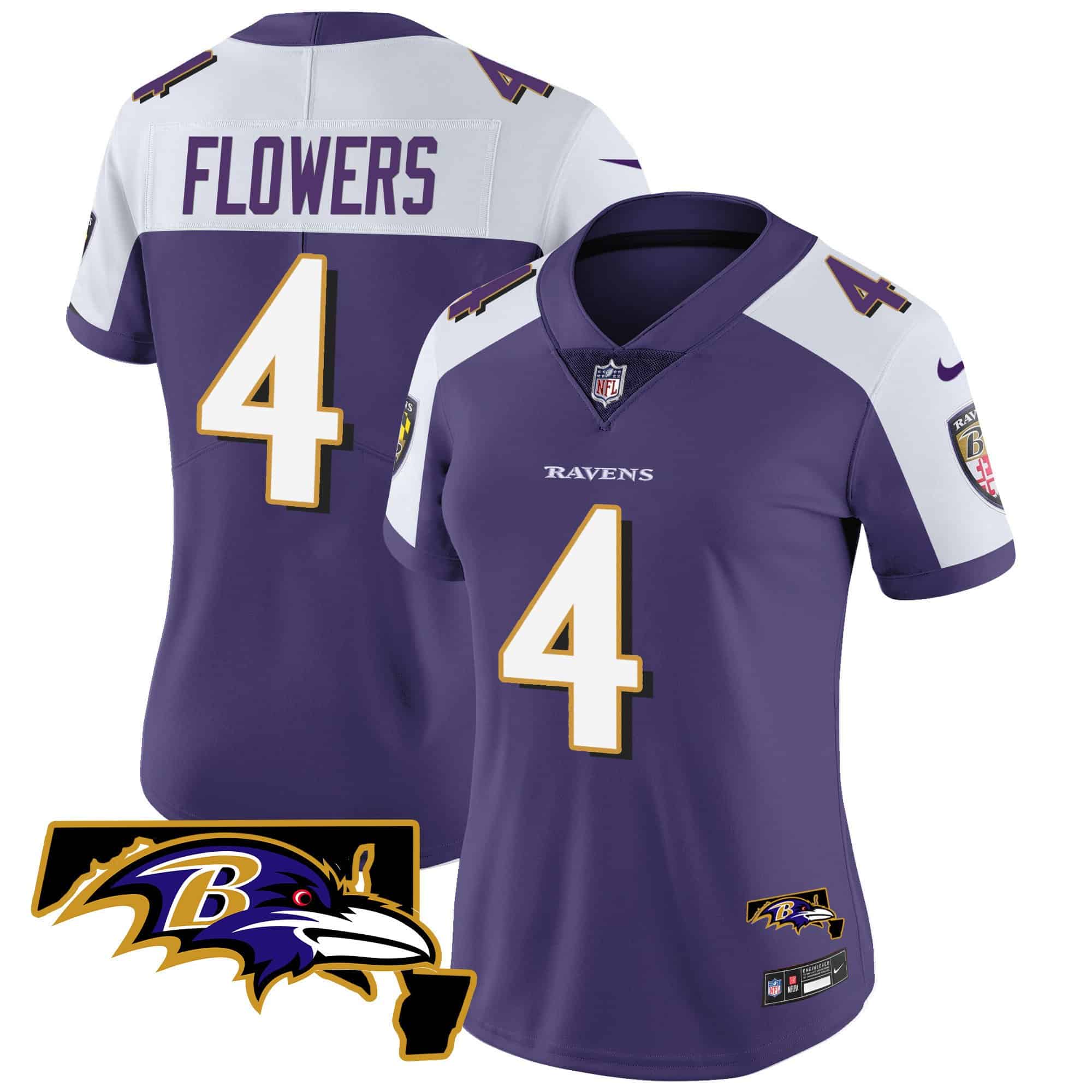 Women’s Ravens Maryland Patch Vapor Limited Jersey – All Stitched – Purple Alternate – Zay Flowers