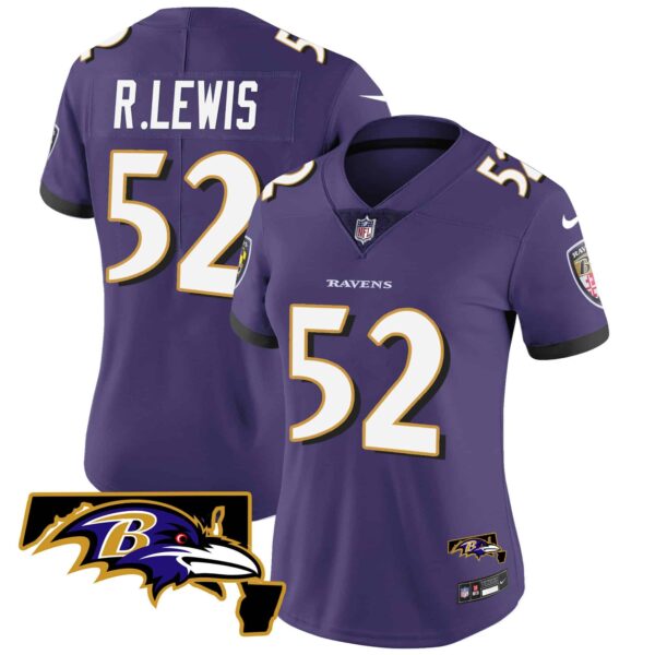 Women’s Ravens Maryland Patch Vapor Limited Jersey – All Stitched – Purple – Ray Lewis