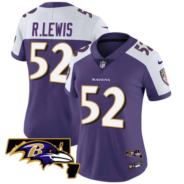 Women’s Ravens Maryland Patch Vapor Limited Jersey – All Stitched – Purple Alternate – Ray Lewis