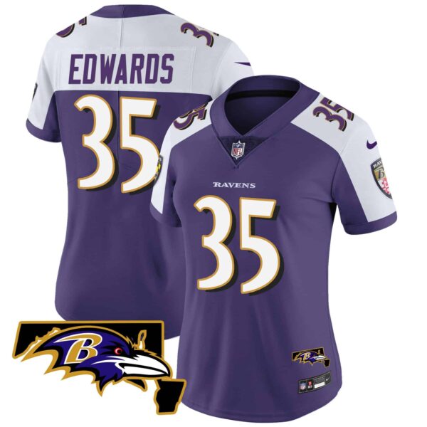 Women’s Ravens Maryland Patch Vapor Limited Jersey – All Stitched – Purple Alternate – Gus Edwards