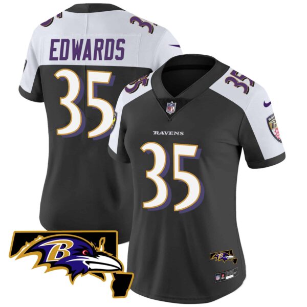 Women’s Ravens Maryland Patch Vapor Limited Jersey – All Stitched – Black Alternate – Gus Edwards