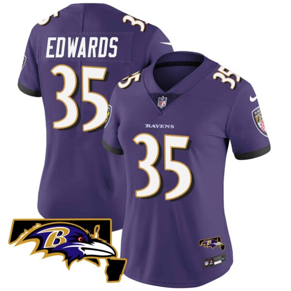 Women’s Ravens Maryland Patch Vapor Limited Jersey – All Stitched – Purple – Gus Edwards