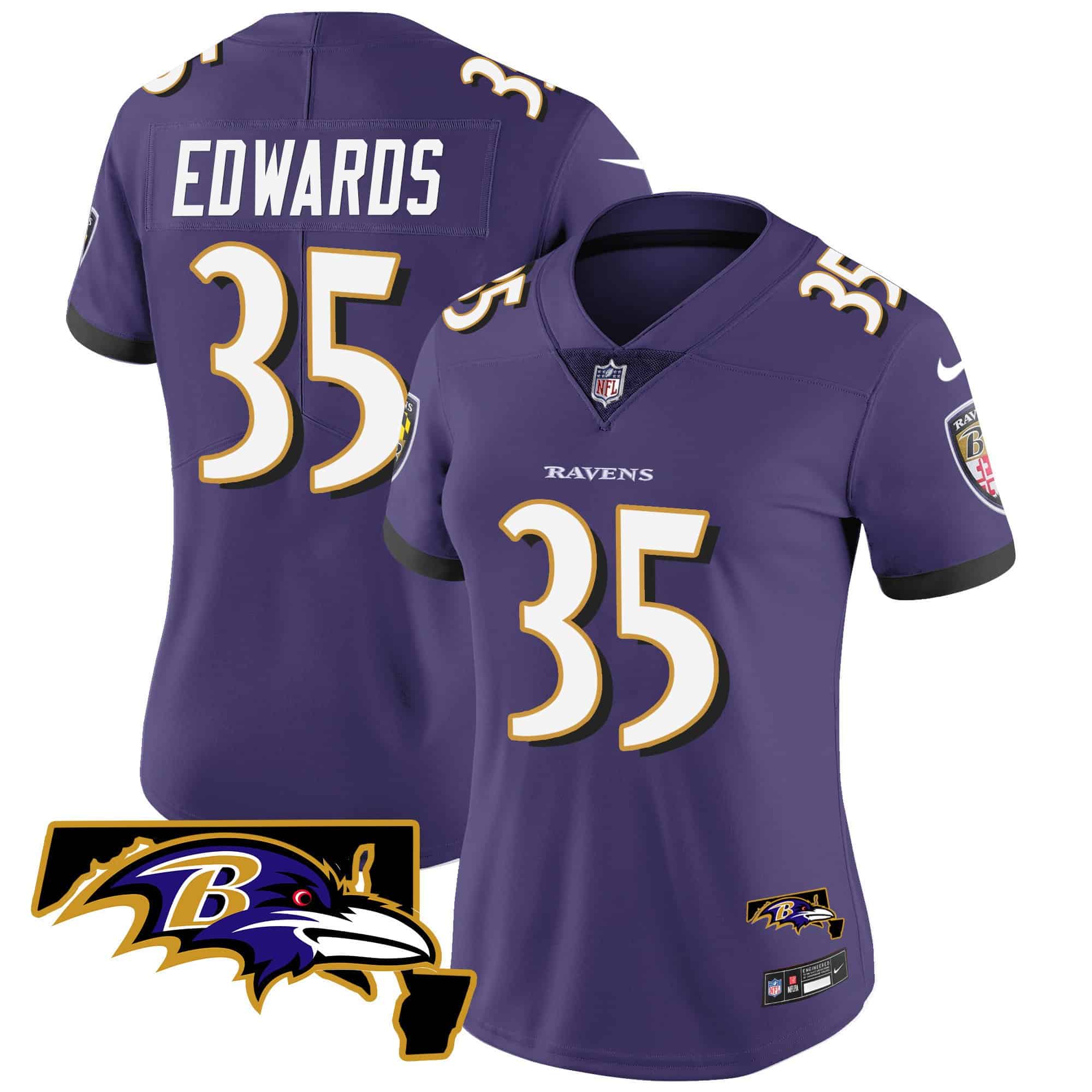 Women’s Ravens Maryland Patch Vapor Limited Jersey – All Stitched – Purple – Gus Edwards
