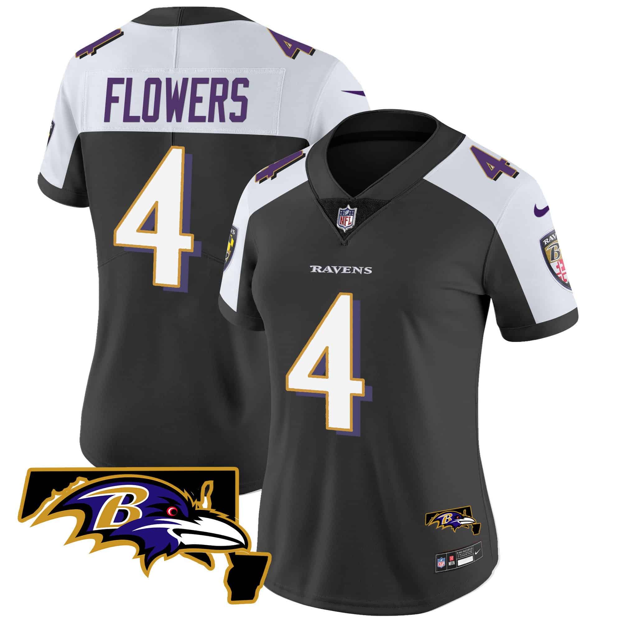 Women’s Ravens Maryland Patch Vapor Limited Jersey – All Stitched – Black Alternate – Zay Flowers
