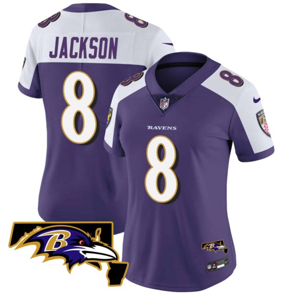 Women’s Ravens Maryland Patch Vapor Limited Jersey – All Stitched – Purple Alternate – Lamar Jackson
