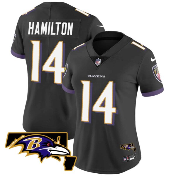 Women’s Ravens Maryland Patch Vapor Limited Jersey – All Stitched – Black – Kyle Hamilton