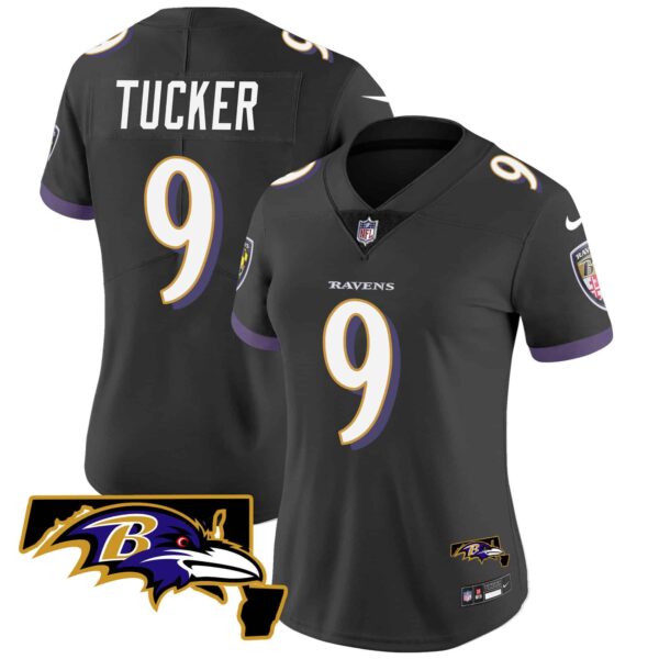 Women’s Ravens Maryland Patch Vapor Limited Jersey – All Stitched – Black – Justin Tucker