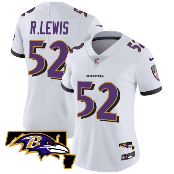 Women’s Ravens Maryland Patch Vapor Limited Jersey – All Stitched – White – Ray Lewis
