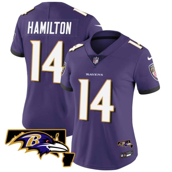 Women’s Ravens Maryland Patch Vapor Limited Jersey – All Stitched – Purple – Kyle Hamilton