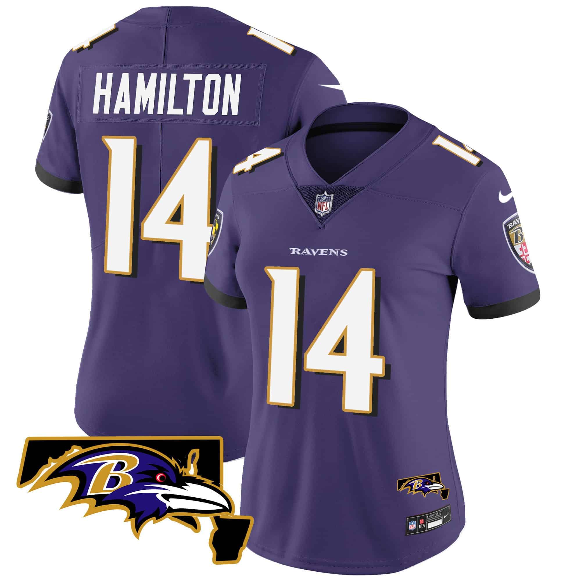 Women’s Ravens Maryland Patch Vapor Limited Jersey – All Stitched – Purple – Kyle Hamilton